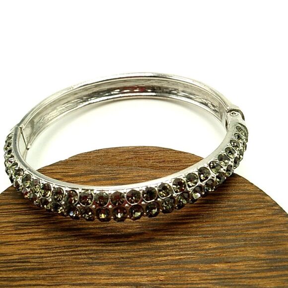 Crystal Studded Hinged Clamper Bangle Bracelet Silver-tone - Picture 6 of 12